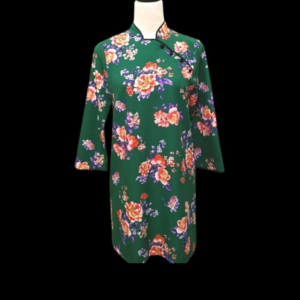 ZARA WOMAN Cheongsam Mini Dress Mandarin Collar Green Floral Size Small